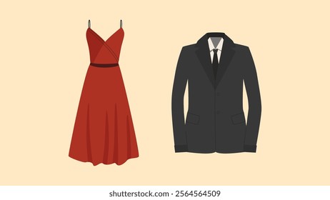 A man and a woman are wearing a red dress and a black suit	