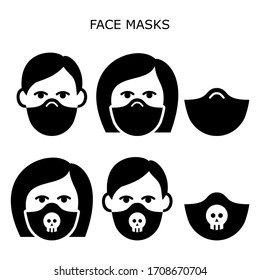Man and woman wearing safety face masks vector icons set - masks worn during self-distancing to prevent disease, virus, air pollution, contaminated air
