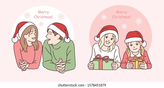 Man and woman wearing Santa hats are facing each other and smiling. Girls wearing Santa hats are holding gift boxes. hand drawn style vector design illustrations. 