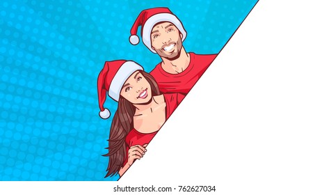 Man And Woman Wearing Santa Hats Advertisement Banner With Template Space For Text Over Retro Pin Up Background Vector Illustration