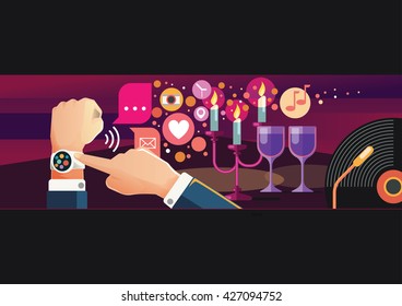 Man and woman wearing smart watch for dating and together for the romantic moment
