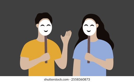 Man and woman wearing smiling face mask. Communication, mental health, relationship, social, emotion concepts. Flat vector people character design isolated illustration.