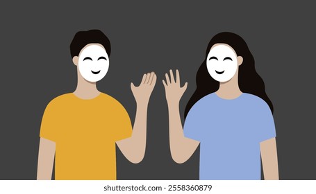 Man and woman wearing smiling face mask. Communication, mental health, relationship, social, emotion concepts. Flat vector people character design isolated illustration.