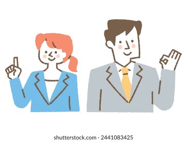 Man and woman wearing suits and hand signs_Color