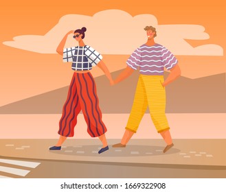 Man and woman wearing summer fashionable clothes walking outdoors in hot season. Couple holding hands traveling crossing road or street. Tourists in love, romantic pair on weekends, vector in flat