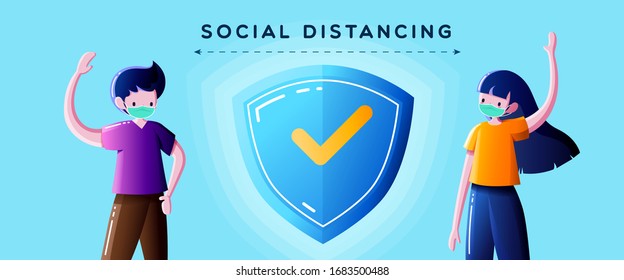 Man and Woman wearing surgical face mask and standing away to prevent from Coronavirus disease (COVID-19) Pandemic-Social distancing concept.