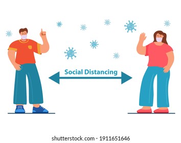 Man and woman wearing surgical mask.Social distancing to prevent coronavirus.Safe space between people.People keeping distance for infection.Distance in public society.Cartoon characters flat vector.