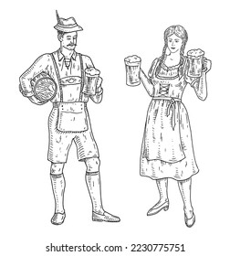 Man and woman wearing a traditional Bavarian dress shorts holding beer mug and barrel. Vintage vector engraving black monochrome illustration. Isolated on white