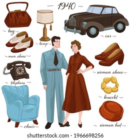 Man and woman wearing traditional clothes for 1940s. Couple in dress and suit with furniture for home interior and personal belongings. Car and lamp, telephone and armchair. Vector in flat style