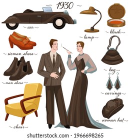 Man and woman wearing traditional clothes for 1930s years. Vintage fashion and interior furniture for home, shoes and hat, earrings and blush, chair and car, lamp and bag. Vector in flat style