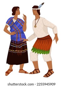 Hombre y mujer vistiendo ropas tradicionales para maya, personas que presentan apariencia y atuendos de la civilización antigua. Hombre con sandalias con decoración de plumas en la cabeza, mujer con falda. Vector de estilo plano