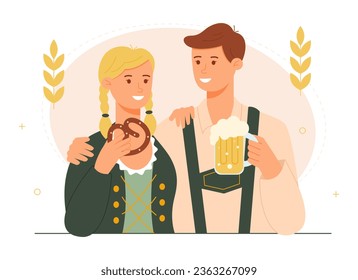 Hombre y mujer vistiendo ropa tradicional beben cerveza. Celebración del festival de cerveza Oktoberfest. Ilustración del vector