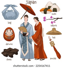 Man and woman wearing traditional japanese clothes. Male and female living in japan, kimono clothing. Bag and sushi, sakura tree and daruma doll, amulet and old straw hat. Vector in flat style