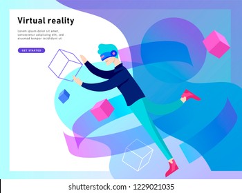 Man and woman wearing virtual reality headset and looking at abstract sphere. Colorful vr world. Virtual augmented reality glasses concept with people learning and entertaining. Landing page template