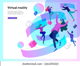 Man and woman wearing virtual reality headset and looking at abstract sphere. Colorful vr world. Virtual augmented reality glasses concept with people learning and entertaining. Landing page template