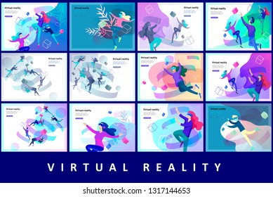 Man and woman wearing virtual reality headset and looking at abstract sphere. Colorful vr world. Virtual augmented reality glasses concept with people learning and entertaining. Landing page template