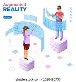 Man and woman wearing virtual reality glasses with augmented reality touches transparent screens. isometric future technology. isolated vector illustration
