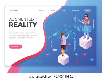 Man and woman wearing virtual reality glasses with augmented reality touches transparent screens. isometric future technology. vector illustration. landing page template