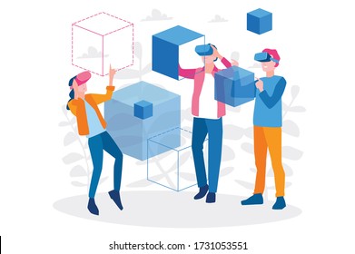 Mann und Frau mit virtuellem Reality-Headset und Blick auf die abstrakte VR-Welt. Vector Illustration für Web-Banner, Infografiken, mobil . Virtuell erweiterte Realität Brille.