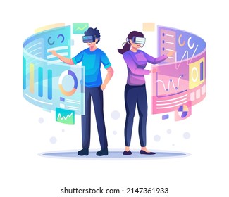 Un hombre y una mujer con audífonos de realidad virtual, tocando y analizando la interfaz del tablero del gráfico gráfico. Ilustración vectorial de estilo plano