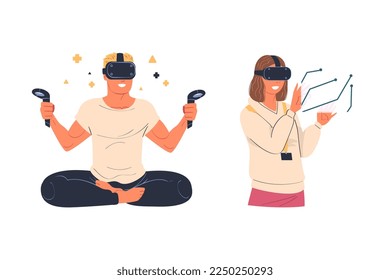 Man and Woman Wearing Virtual Reality Headset Immersed in Abstract VR World Vector Set