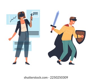 Man and Woman Wearing Virtual Reality Headset Immersed in Abstract VR World Vector Set