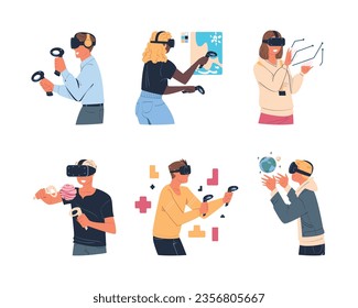 Man and Woman Wearing Virtual Reality Headset Immersed in Abstract VR World Vector Set