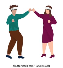 Man And Woman Wearing VR Headset With Clenched Fists Up Ready To Boxing On White Background.