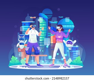 A man and woman wearing VR headsets in a Simulation of a futuristic city from the future. Simulation of the virtual world for entertainment and visual experience in the metaverse. Vector illustration