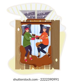 Man and woman wearing warm clothes lay in bed and freezing at home. People sleeping with hats, jumpers and socks in winter. Cold apartment, flat. Heating at home. Vector illustration.