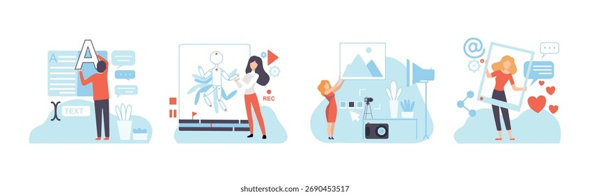 Man and Woman at Web and App Design and Development Vector Set