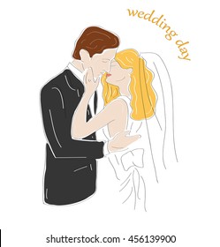 man and woman in a wedding dress. inscription wedding day. vector illustration