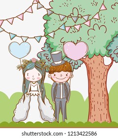 man and woman wedding with tree and hearts balloons