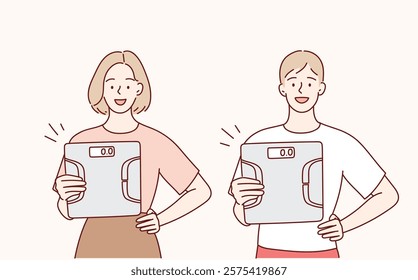 A man and a woman with weights in their hands are in good shape after a diet. Hand drawn vector illustration