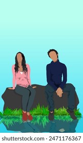 a man and a woman were sitting together on a rock by the water