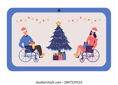 Man and woman in wheelchairs are celebrating Christmas and New Year online. Congratulations on video communication via laptop. Christmas tree with gifts. People with disabilities.  Cartoon vector