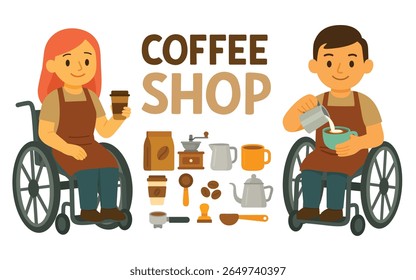 Homem e mulher em cadeiras de rodas trabalhando como baristas com equipamentos de café e utensílios sobre fundo branco. Ilustração de vetor plano. Conceito de serviço inclusivo para o local de trabalho e a cafeteria