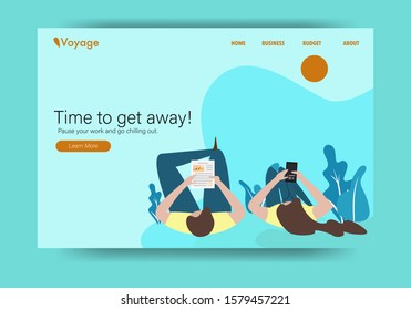 A man and a woman while lay down relaxing while surfing internet on tablet and mobile phone with background of natural tree in minimal style. Time to get away concept in UI/UX website template style