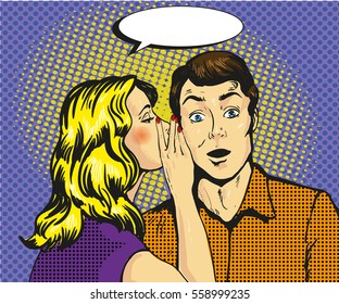 Man and woman whisper pop art vector illustration