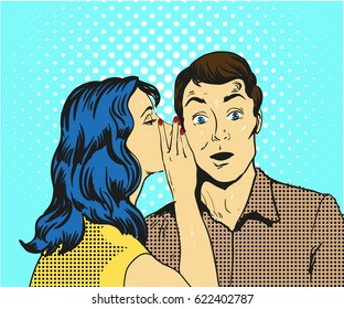 Man and woman whisper pop art vector illustration