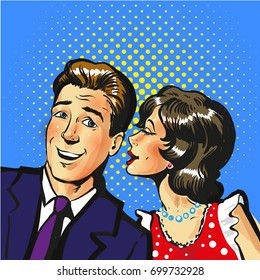 Man And Woman Whisper Pop Art Vector Illustration