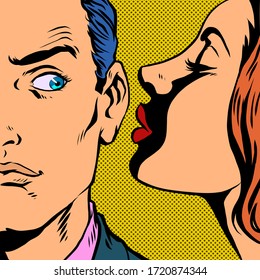 man and woman whispering a secret. Pop art retro vector illustration vintage kitsch 50s 60s style