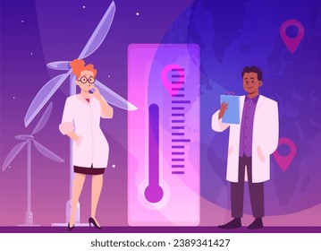 Man and woman in white coats meteorologists flat style, vector illustration. Emotional characters, huge thermometer, globe with location tags, weather forecasting