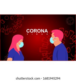  Man and woman in white medical face mask.Corona virus illustration background. Novel corona virus (2019-nCoV). Covid-19. Concept of corona virus quarantine. Vector illustration. Editable template.