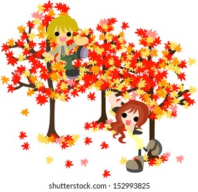 The man and woman who enjoys maple-tree viewing.
