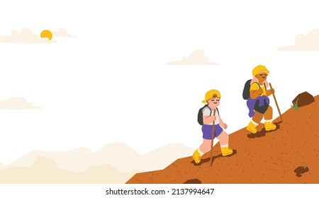 A man and a woman who are friends or couple come to do hiking activities together on their free time and blank space for texting. cartoon illustration vector banner on white background