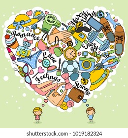A man and a woman who love. Doodles and objects in the shape of a heart for design. Beautiful print.