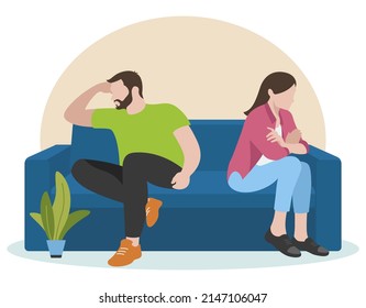 Man and woman who are offended at each other sitting on the couch. Flat design. Vector illustration on white background