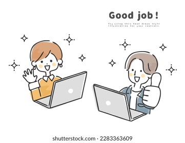 A man and a woman who operate a computer with a smile.