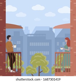 A man and woman who stand on their own balcony, are greeting in the morning.